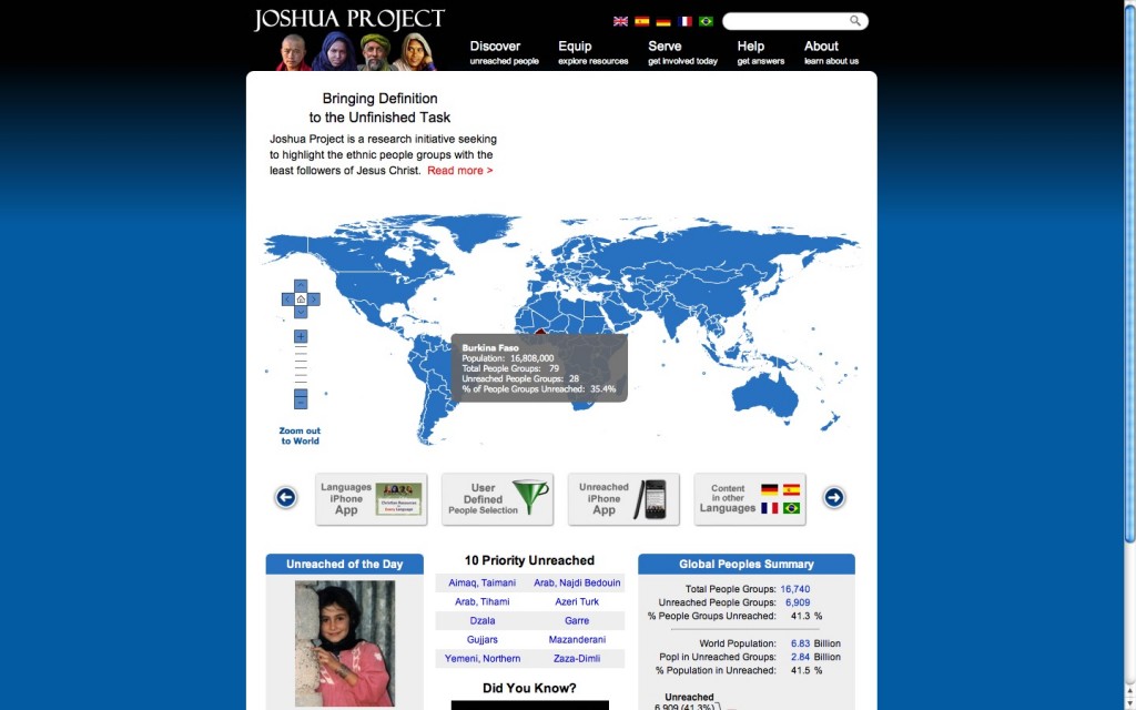 Joshua Project Front page with Map