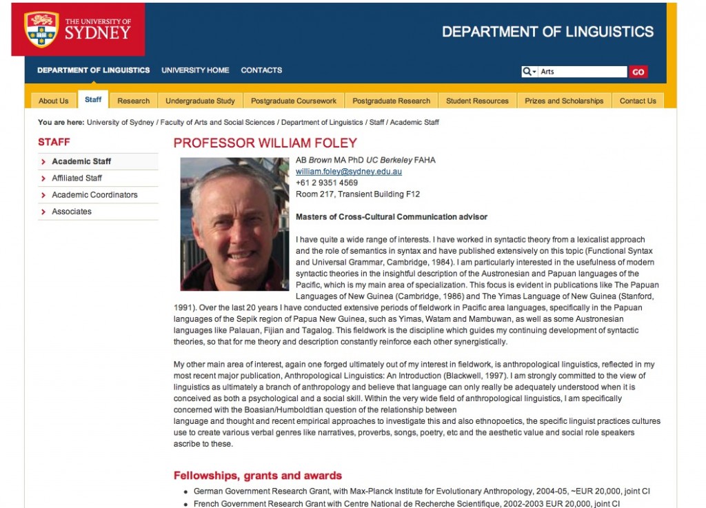 University of Sydney Professional Page of William Foley