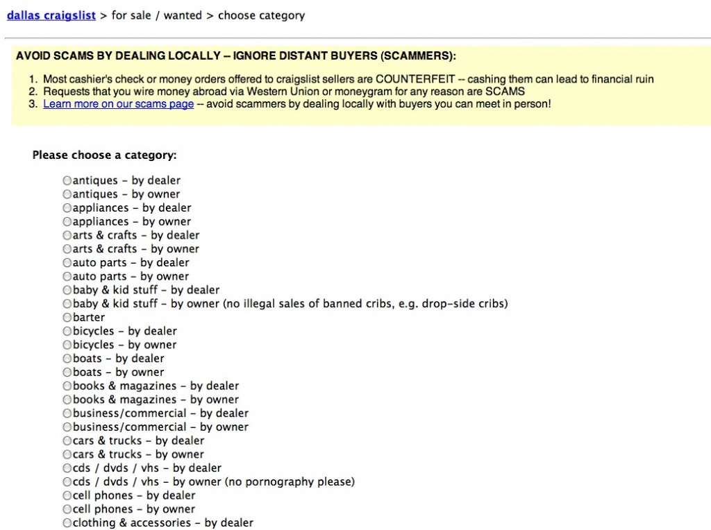 Craislist Usability List view on Craislist