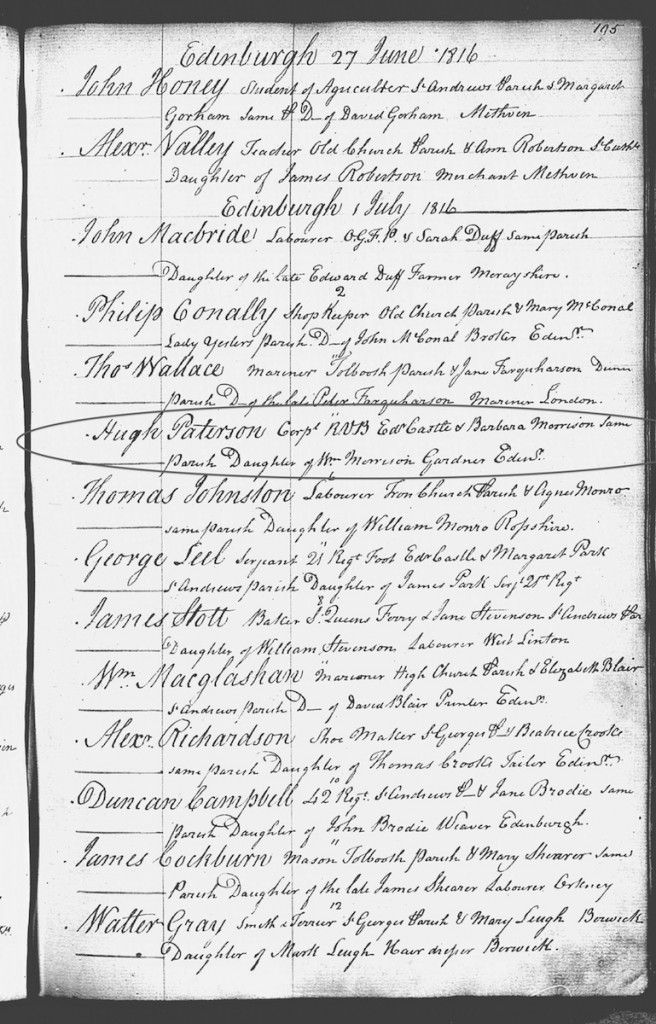Hugh Paterson (1781) to Barbara Morison Parish Record of Hugh Paterson (1781)'s Marriage to Barbara Morison