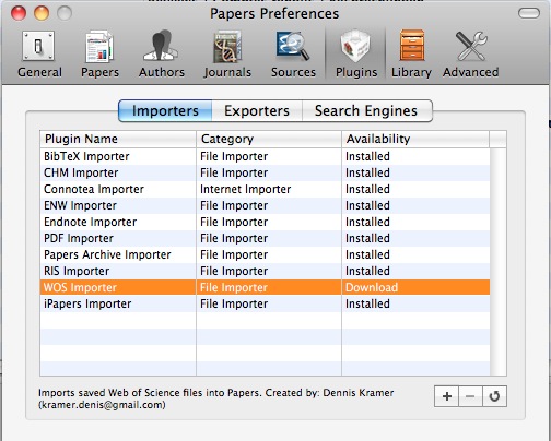 Papers1 Import plugin screen