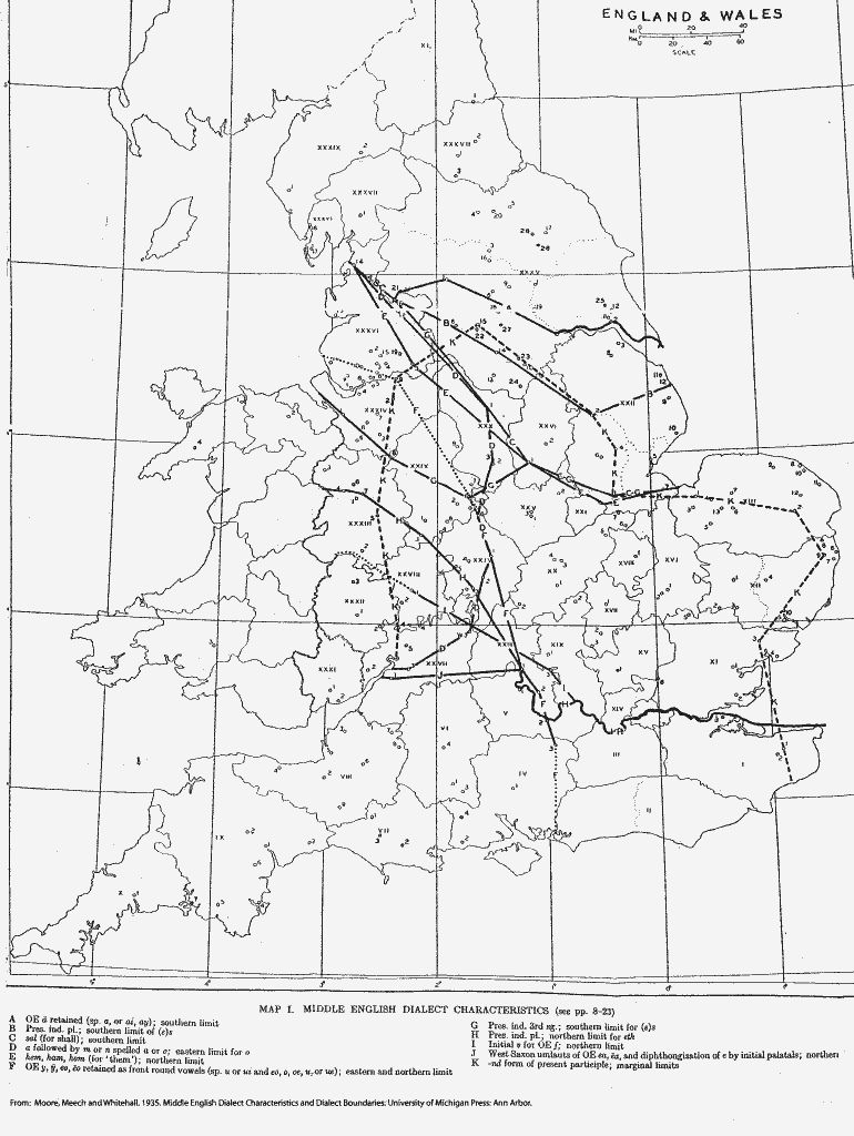 Map of Dialects in the UK during the time Middle English was spoken