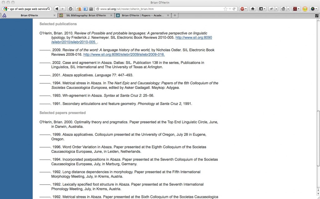 Brian O'Herin's CV section on publications and presentations on SIL.org